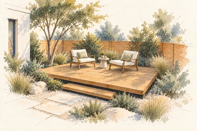 Courtyard deck watercolor concept; an imagined setting, not a completed project.