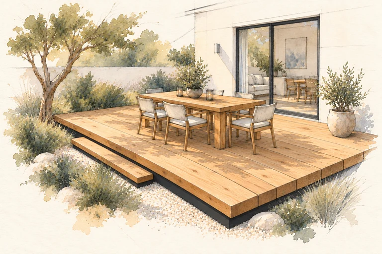 Dinner deck watercolor concept; an imagined setting, not a completed project.