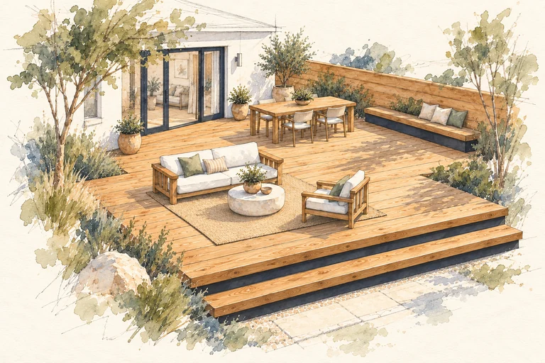 Gather deck watercolor concept; an imagined setting, not a completed project.