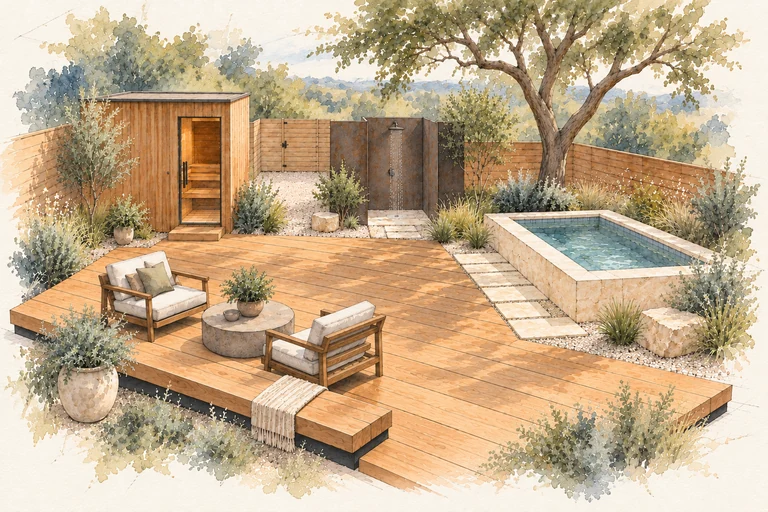 Bathing deck watercolor concept; an imagined setting, not a completed project.
