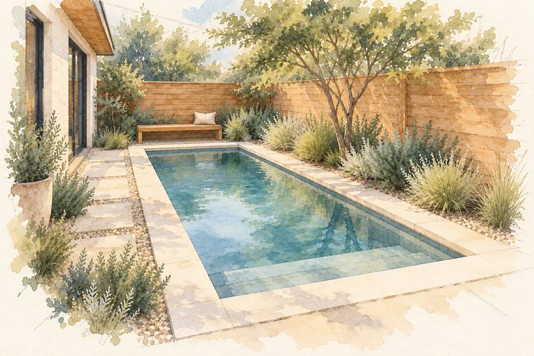 Courtyard pool watercolor concept; an imagined setting, not a completed project.