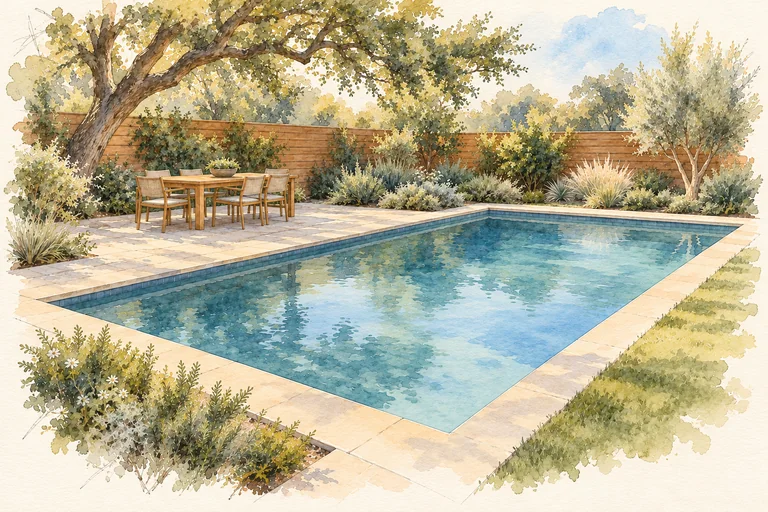 Gather pool watercolor concept; an imagined setting, not a completed project.