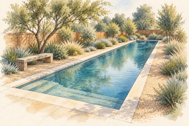 Long Yard pool watercolor concept; an imagined setting, not a completed project.