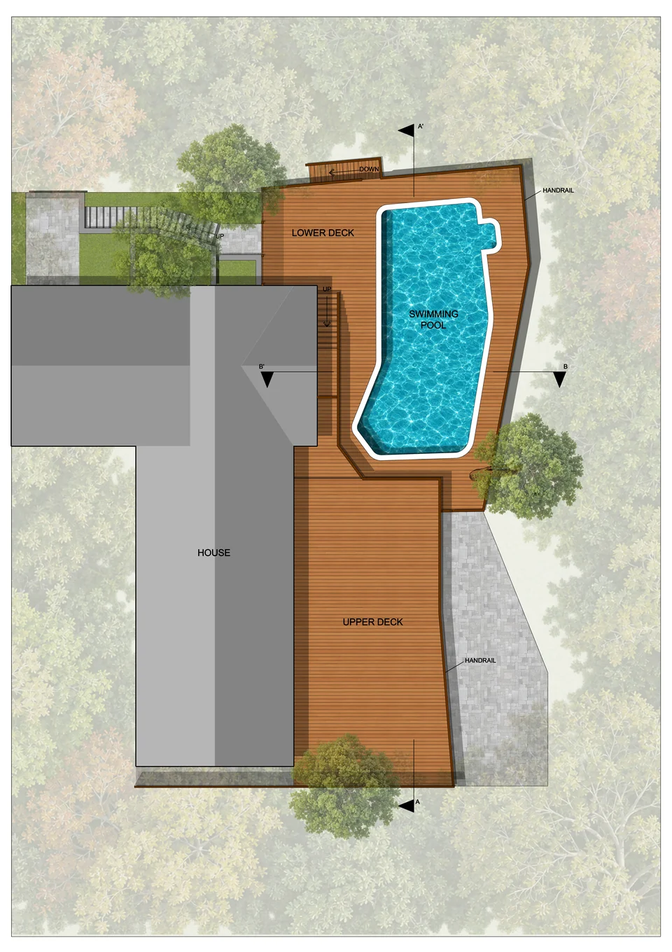BigDecks concept plan showing a pool, decks, paths and planting