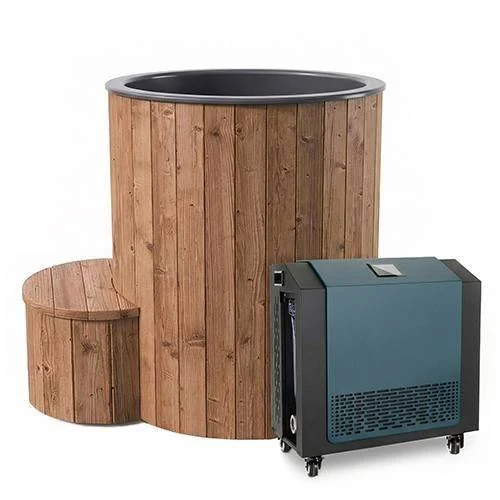 SaunaLife cold plunge tub with wood exterior, step and separate chiller